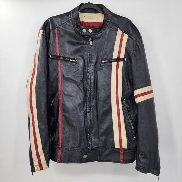 Vintage WILSON LEATHER M.JULIAN Moto Jacket Asymmetric Sleeve Stripes Mens XL - Picture 1 of 16